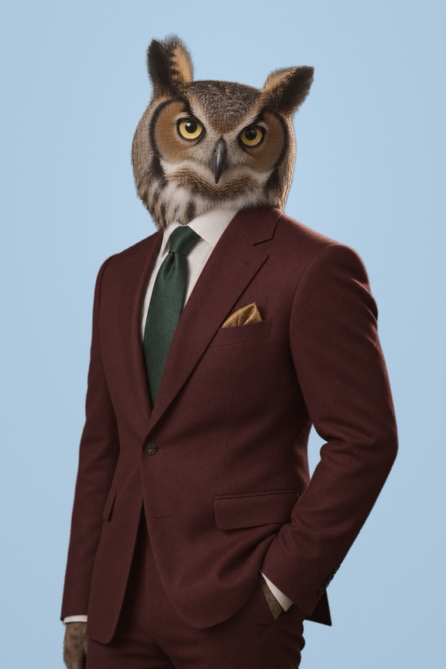 Portrait of a great horned owl in a burgundy suit with a dark green tie and gold pocket square, framed like a formal business headshot.
