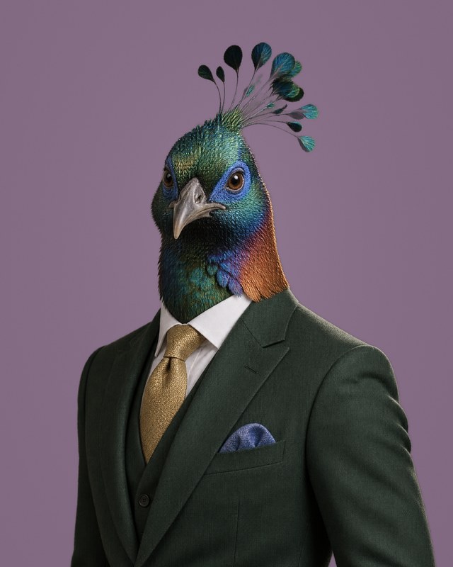 Portrait of a Himalayan monal pheasant with an iridescent green and copper head and a fine wire crest, in a deep forest-green three-piece suit with an antique-gold tie and periwinkle-blue pocket square, facing the camera.