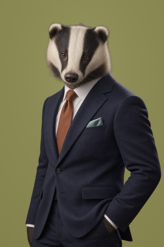 Portrait of a European badger with black and white head stripes, in a soft navy flannel suit with a rust-orange tie.