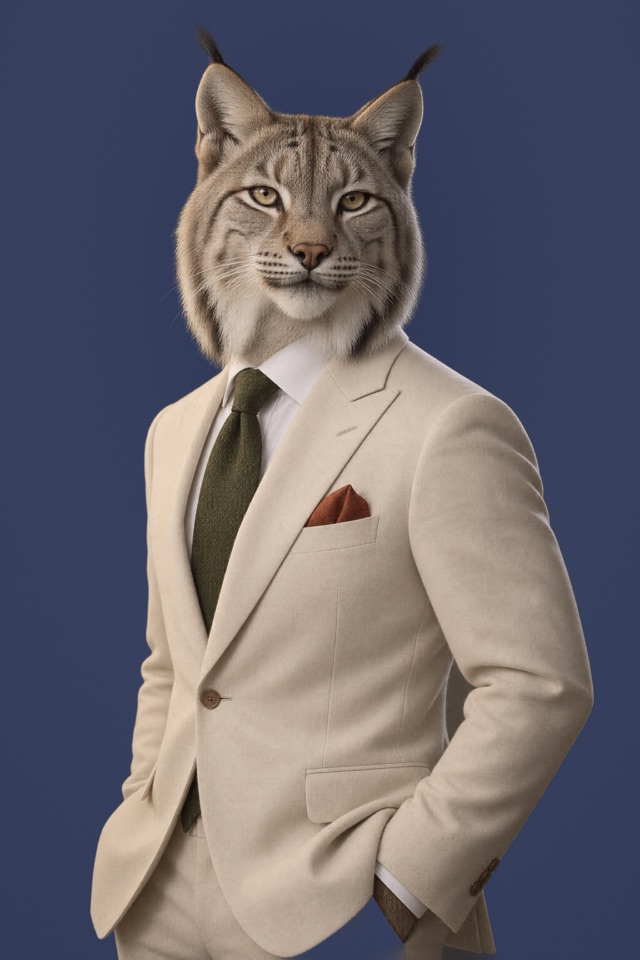 Portrait of a Canada lynx in a pale stone suit with a dark olive tie and rust pocket square.