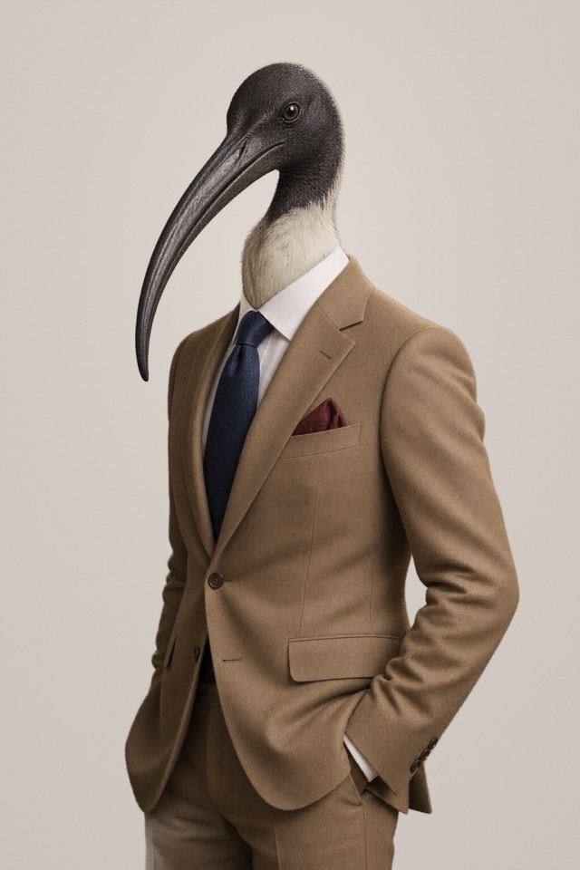 Portrait of a sacred ibis with a long decurved black bill, in a camel suit with a navy tie.