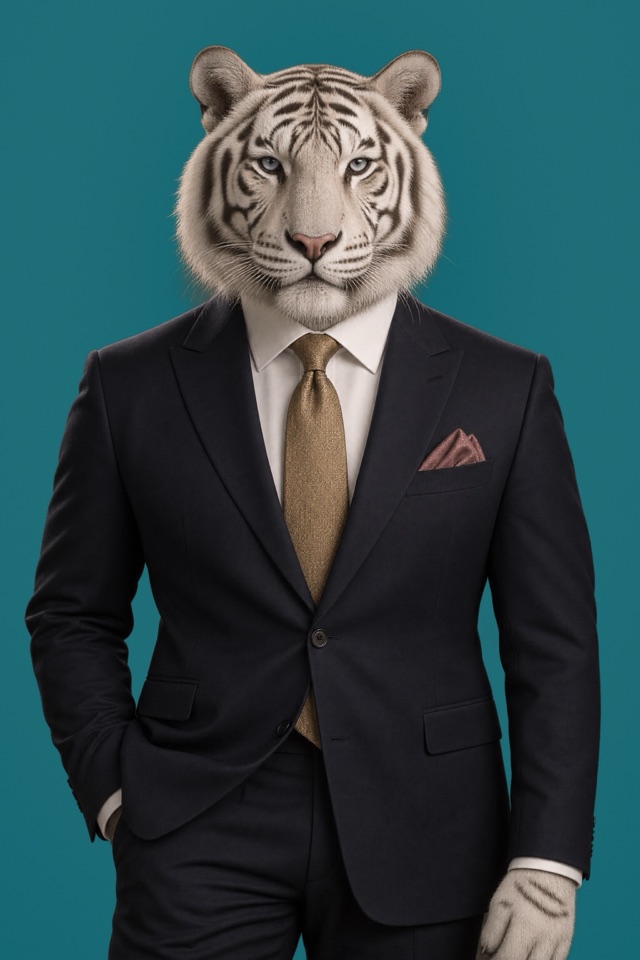Portrait of a white tiger with pale blue eyes, in a charcoal suit with a gold tie and dusty-rose pocket square.