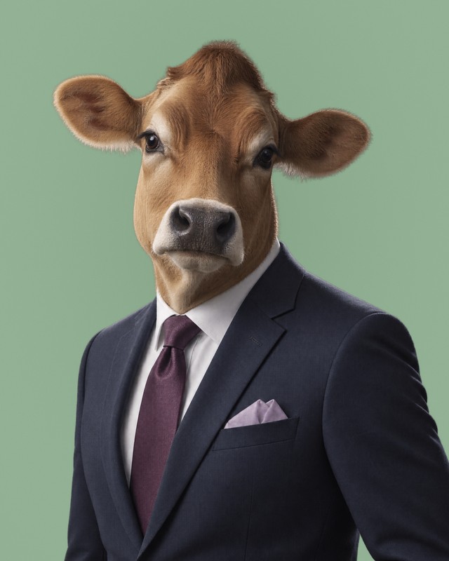 Portrait of a Jersey cow in a navy suit with a deep plum tie and pale lilac pocket square, facing the camera.